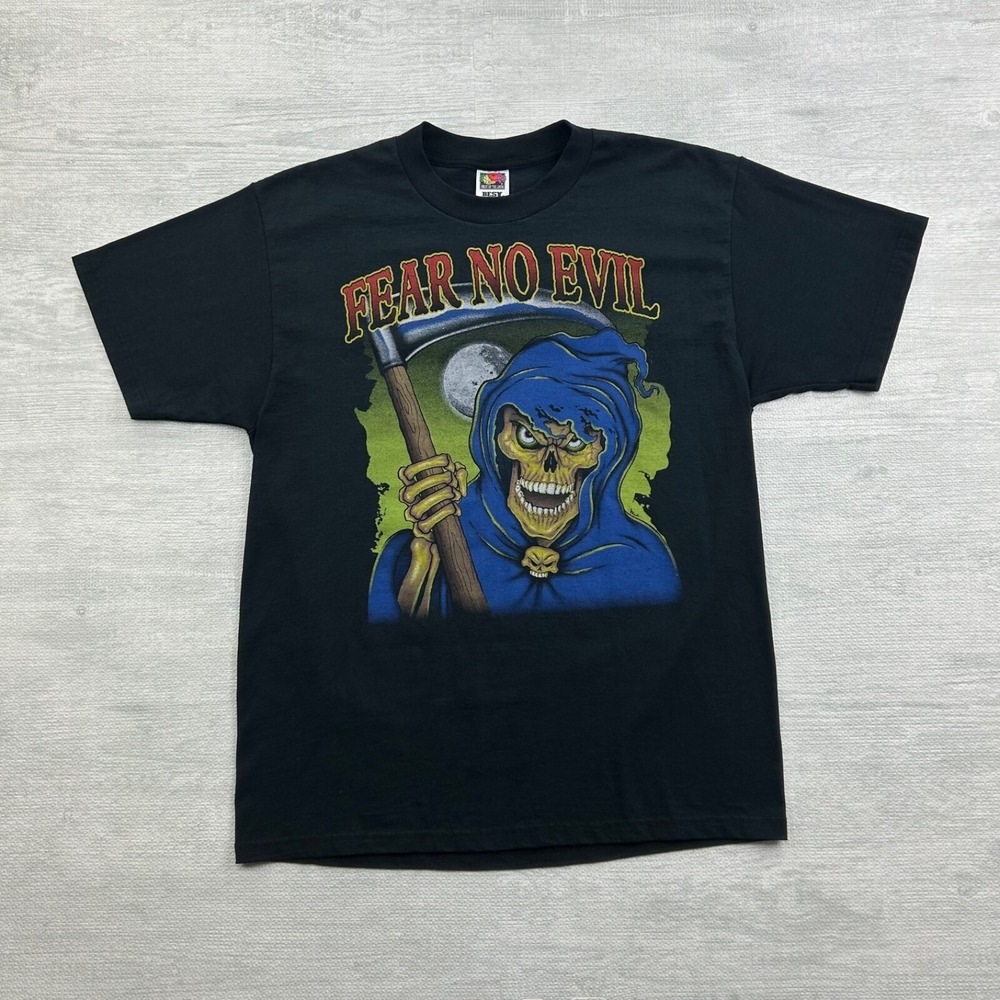 Vintage 90s Fear No Evil Grim‎ Reaper Shirt Size Large Black Skeleton Peck Art